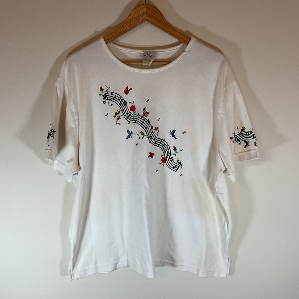 BonWorth White Embroidered Music Notes Birds T-Shirt XL Petite Short Sleeve